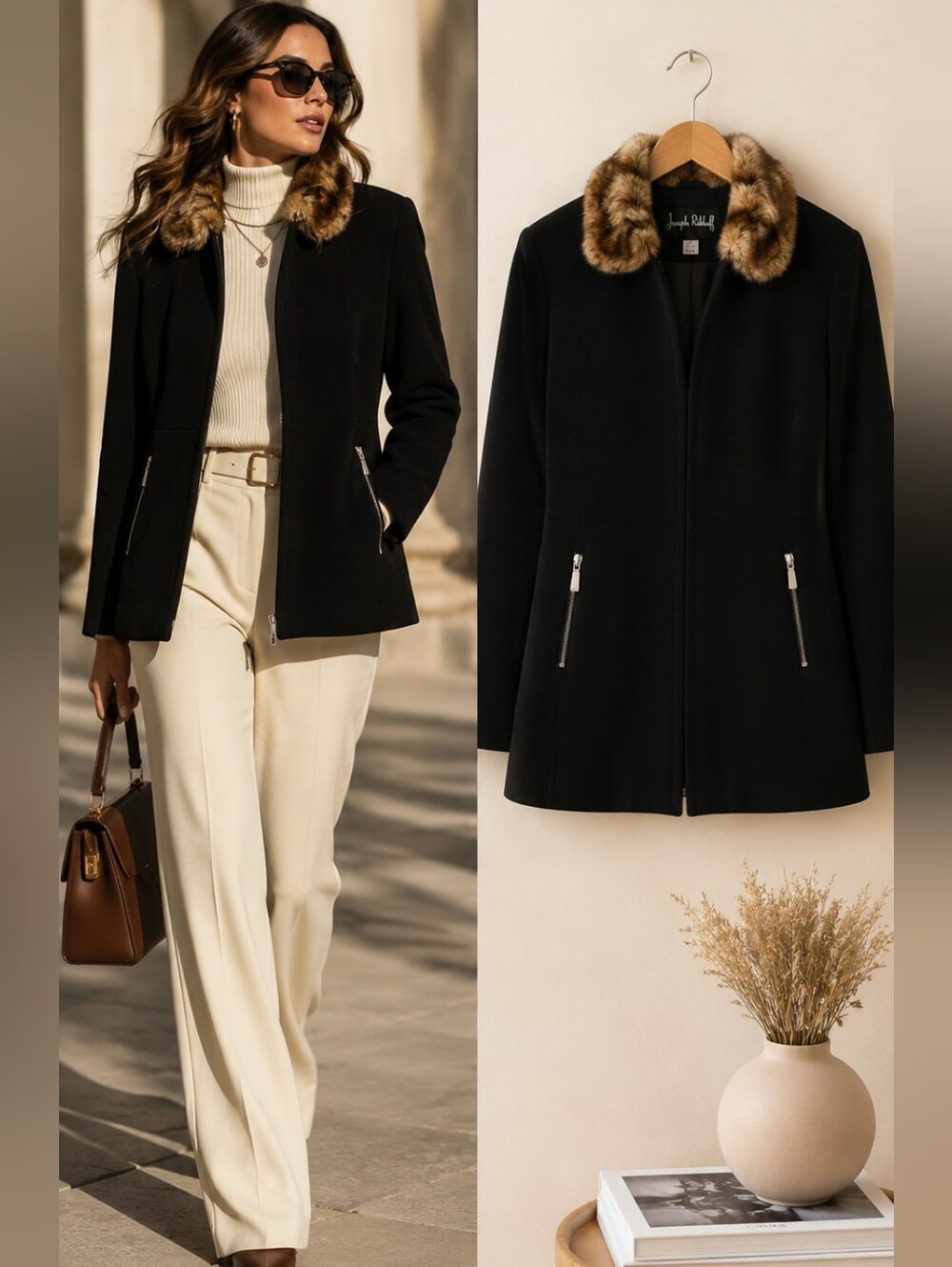 Joseph Ribkoff Black Jacket Fur Collar Size 14 Elegant Dressy Coat - Picture 1 of 13